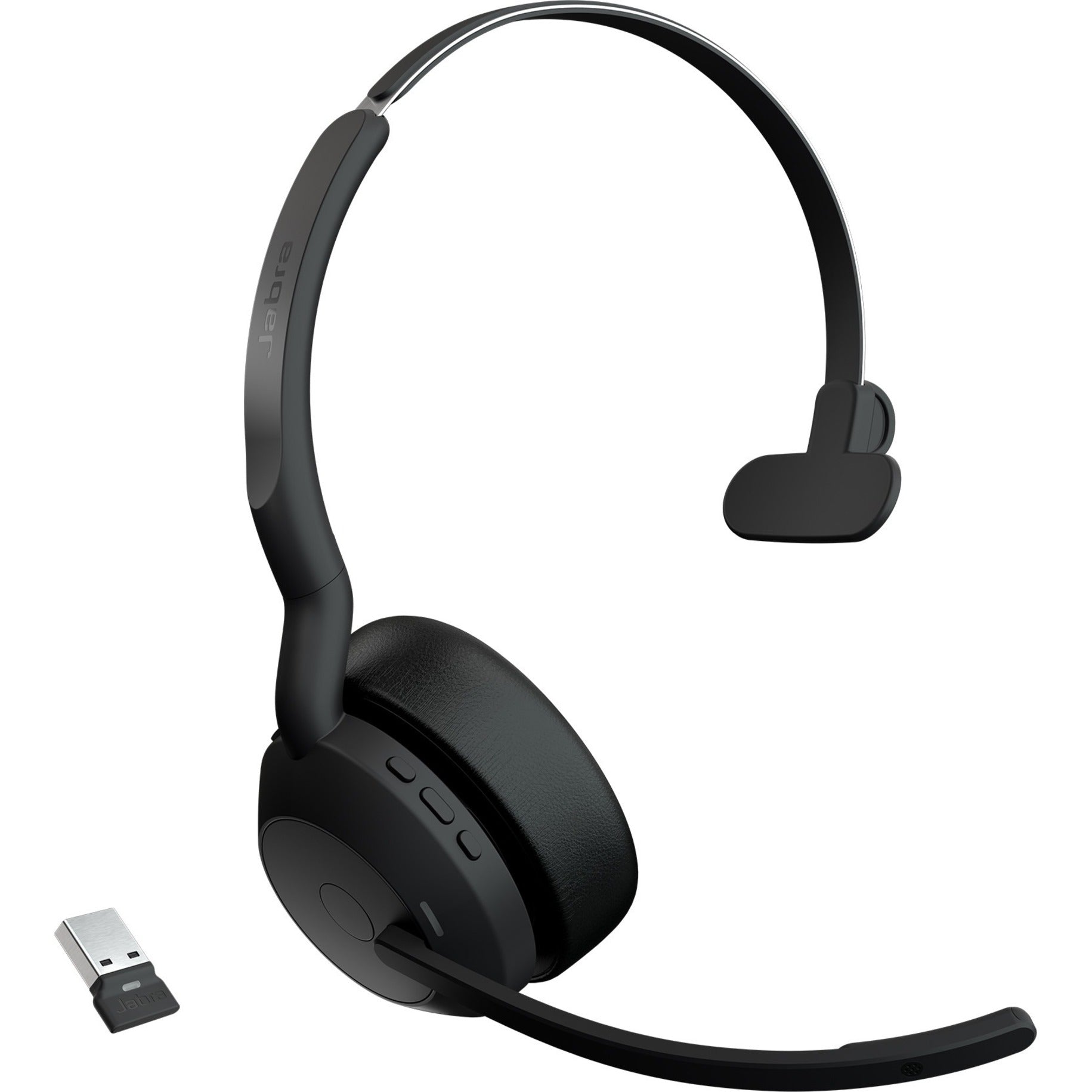 Jabra Evolve2 55 mono wireless headset with boom microphone and USB Bluetooth adapter shown from side angle-alternate-image1