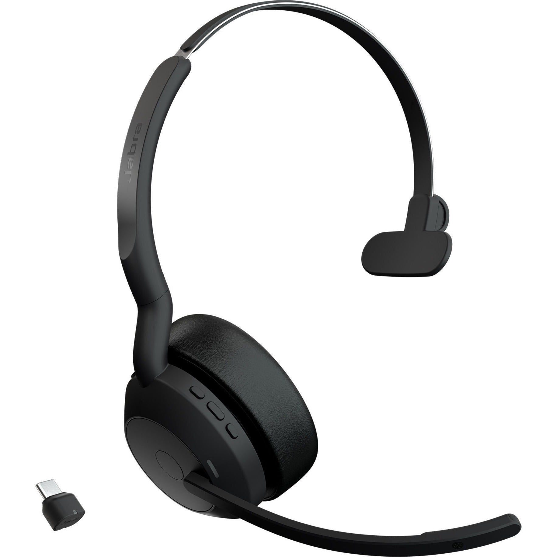 Side view of Jabra Evolve2 55 mono headset with boom microphone and USB-C adapter-alternate-image1