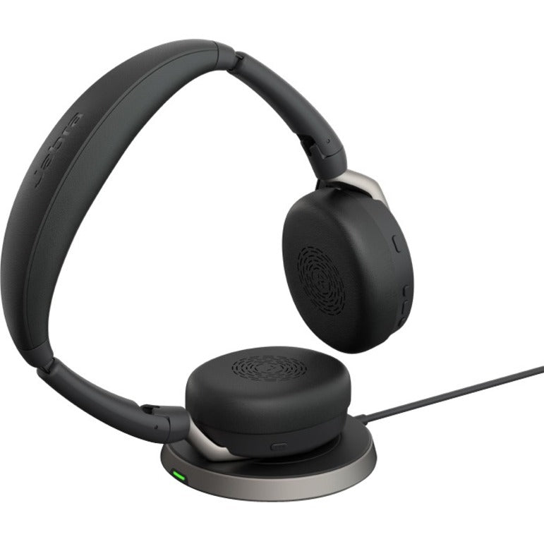 Jabra Evolve2 65 Flex on charging dock with LED indicator visible-alternate-image3