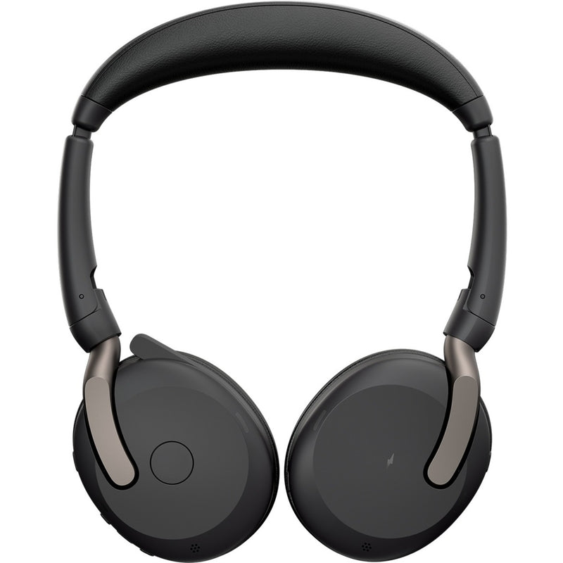 Front view of Jabra Evolve2 65 Flex headset showcasing speaker design