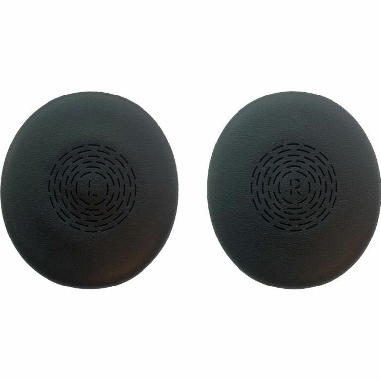 Black leatherette ear cushions for Jabra Evolve2 65 Flex headset showing circular pattern design with L and R indicators-alternate-image1