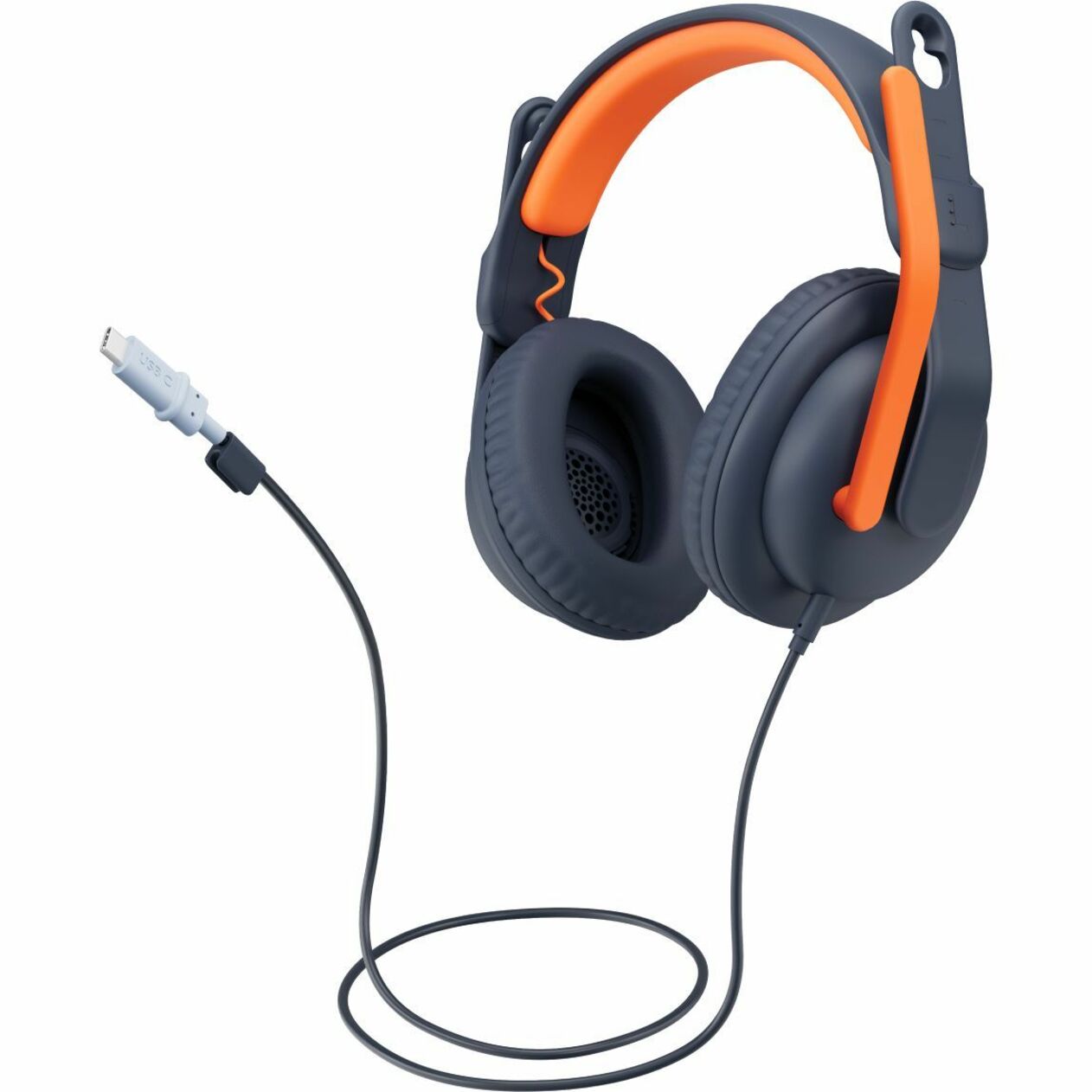 Logitech Zone Learn headset in classic blue with orange accents showing USB-C connection and over-ear design-alternate-image1