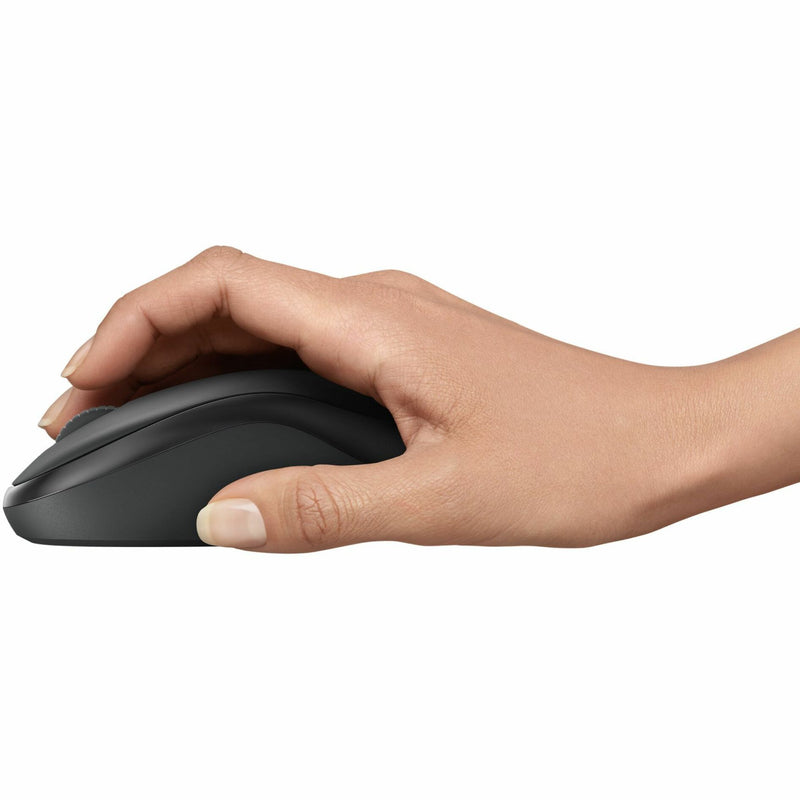 Side view of hand gripping Logitech M240 Silent mouse showing ergonomic fit