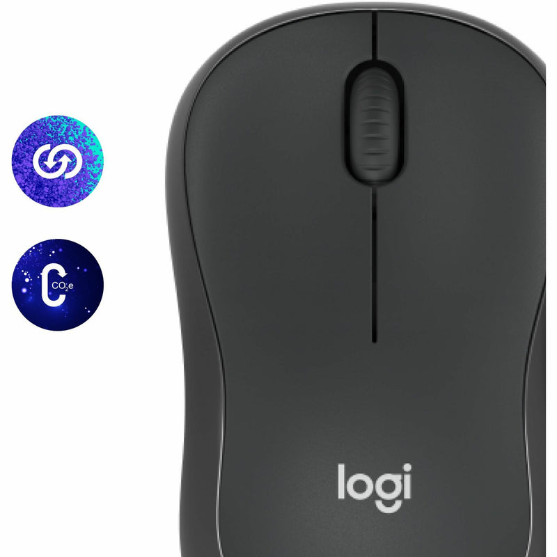 Front view of Logitech M240 Silent mouse with sustainability certification icons