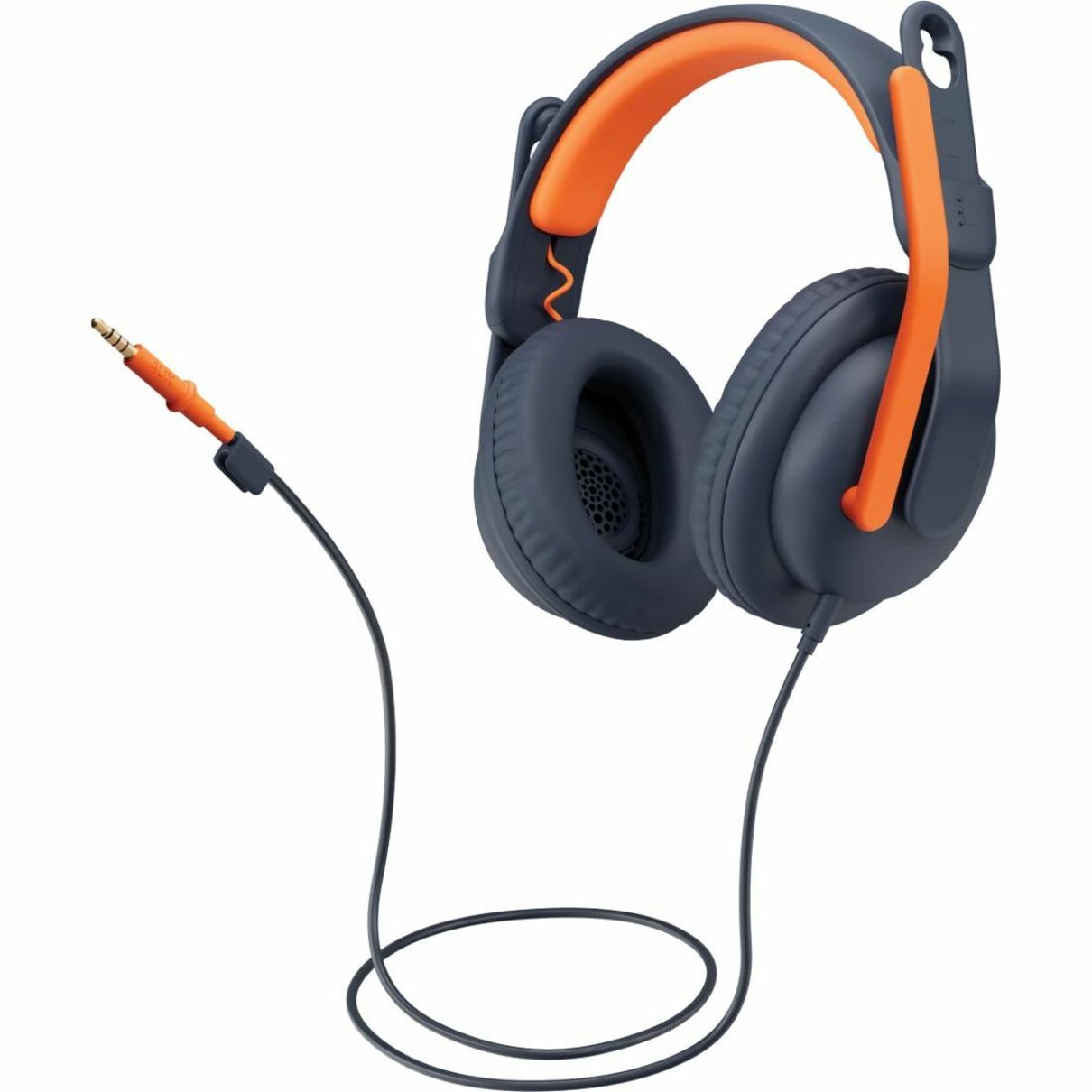 Side view of Logitech Zone Learn headset in navy blue with orange accents showing 3.5mm audio connector-alternate-image1