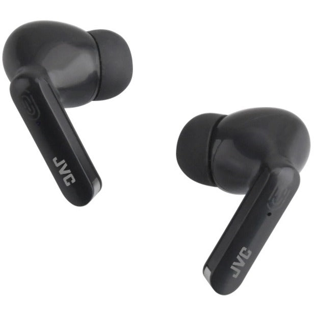 Close-up view of JVC HA-D5TB wireless earbuds showing sleek design and branding