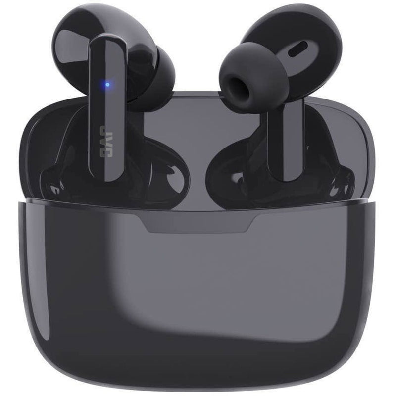 JVC HA-D5TB true wireless earbuds in olive black with charging case showing LED indicator