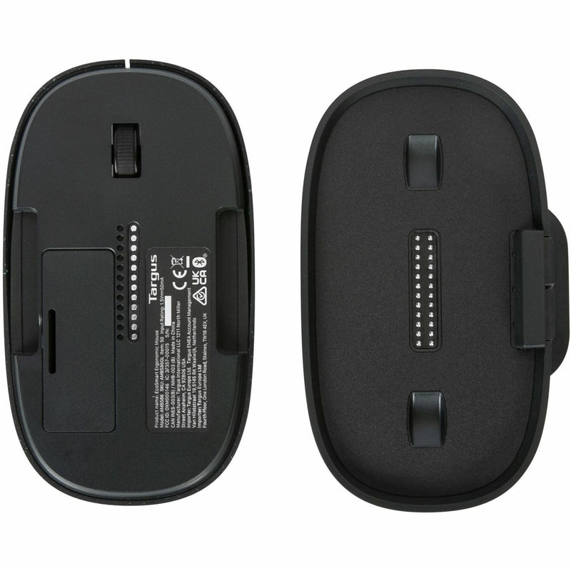 Close-up of Targus ErgoFlip Mouse bottom showing technical specifications and sensor