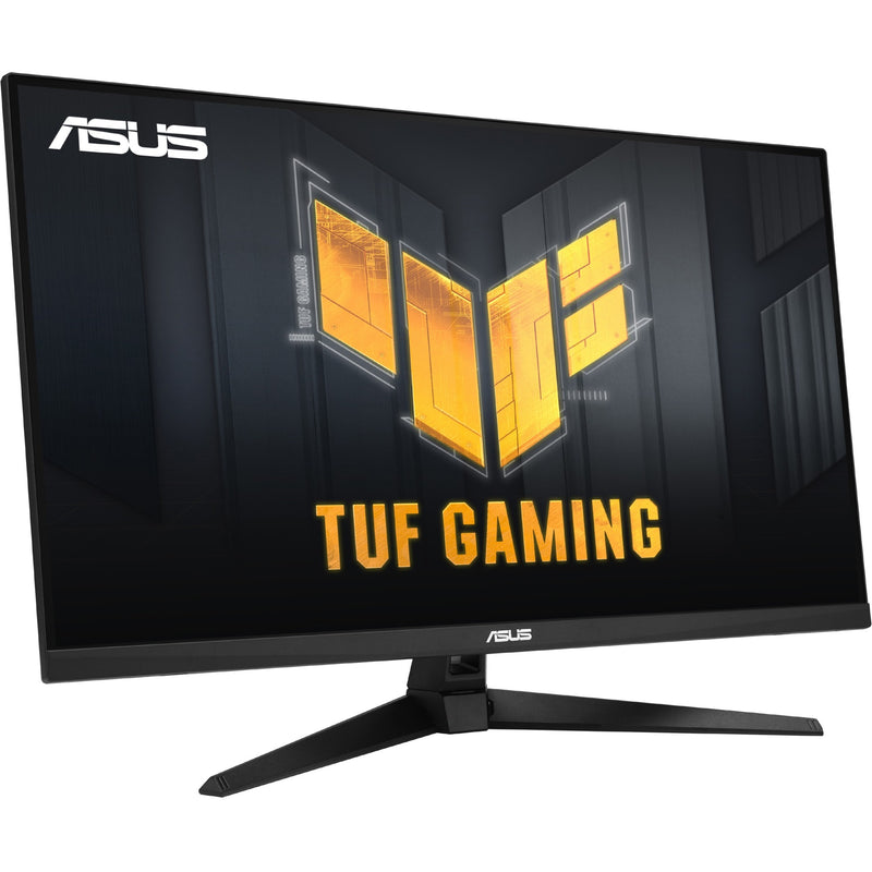 Angled view of ASUS TUF Gaming monitor showing display and stand design