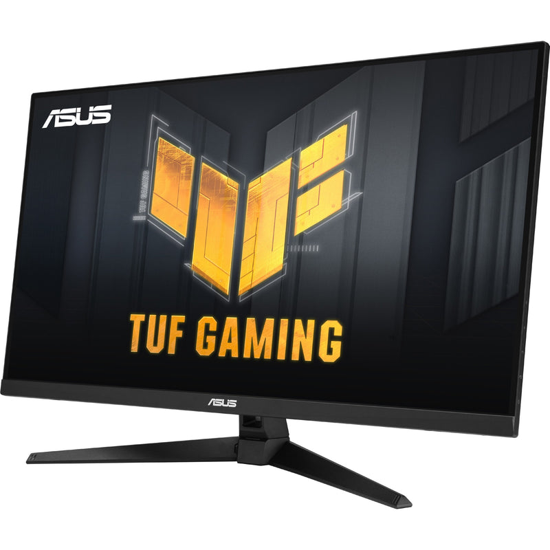 Front view of ASUS TUF Gaming VG32UQA1A monitor displaying TUF Gaming logo against dark background