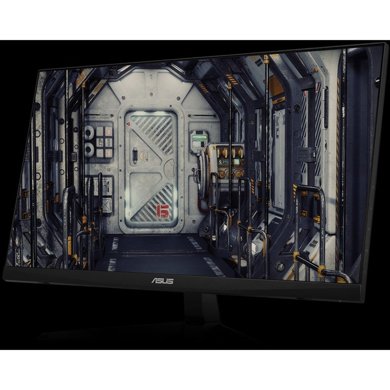 ASUS TUF Gaming monitor displaying detailed sci-fi corridor with rich textures