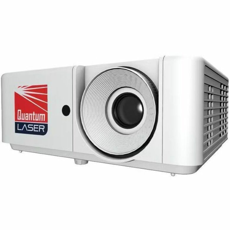 Front angled view of InFocus INL178 DLP laser projector in white with circular lens design and Quantum Laser branding-alternate-image1