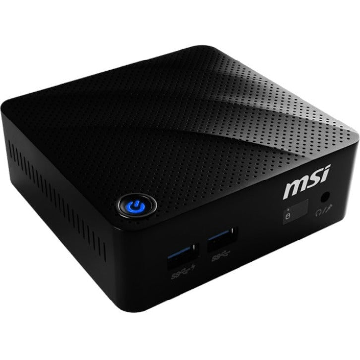 Front angled view of MSI Cubi N ADL mini PC showing textured black surface and blue power button-alternate-image1