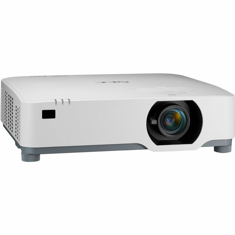 Front angled view of NEC P547UL white laser projector showing lens and ventilation design