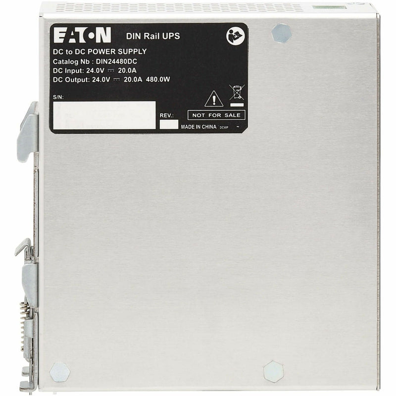 Side view of Eaton DIN24480DC UPS showing product specifications and industrial design