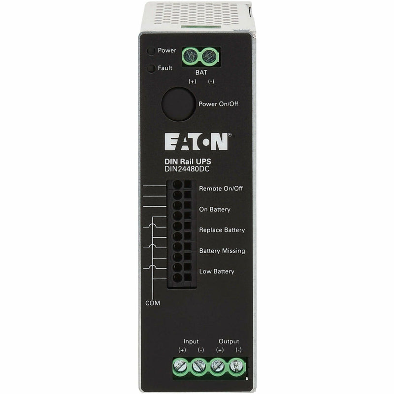 Detailed view of Eaton DIN24480DC UPS control panel showing monitoring features and connection terminals