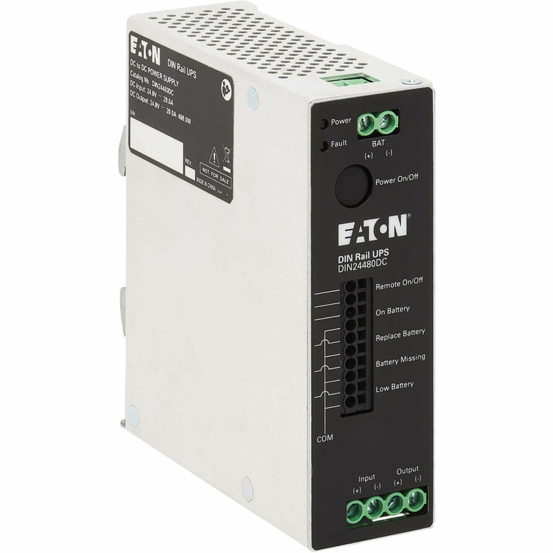 Front control panel of Eaton DIN24480DC UPS showing LED indicators, battery terminals, and communication ports