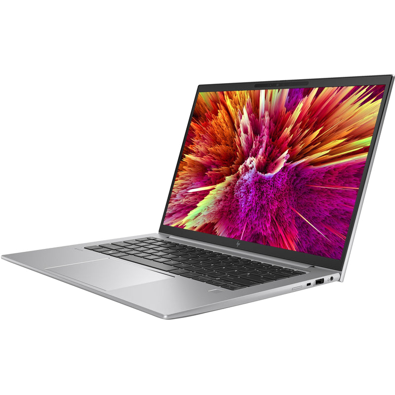 HP ZBook Firefly G10 laptop shown from angled view highlighting the vibrant OLED display and silver chassis