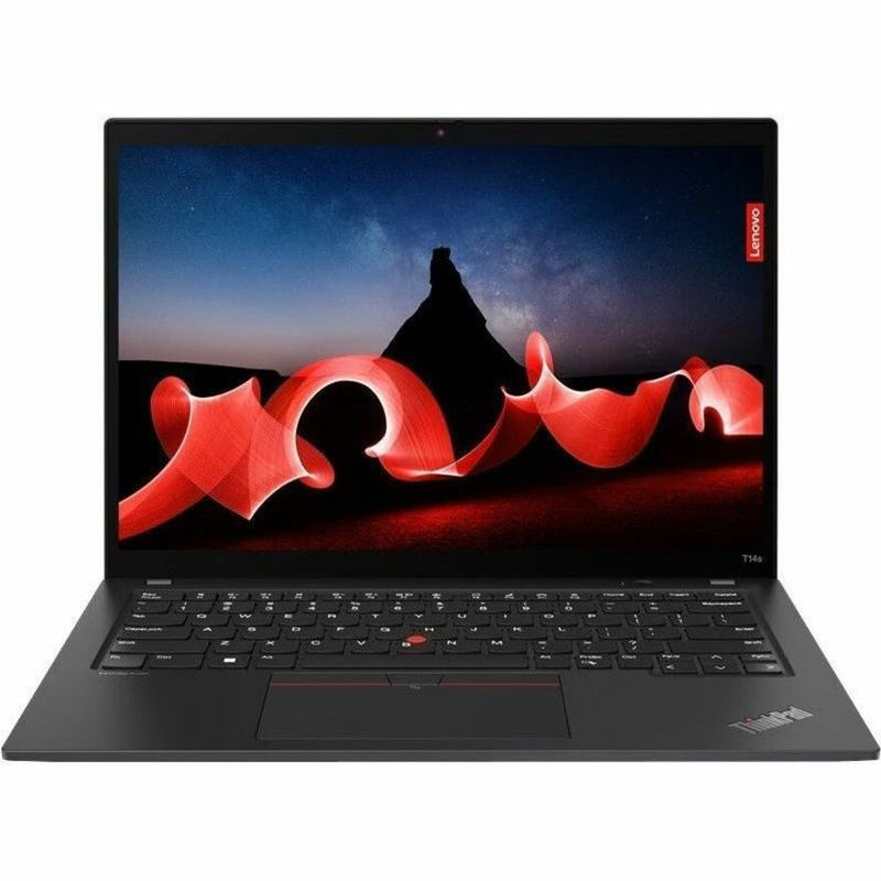 Lenovo ThinkPad T14s Gen 4 laptop displaying vibrant red artistic visualization on screen against dark background