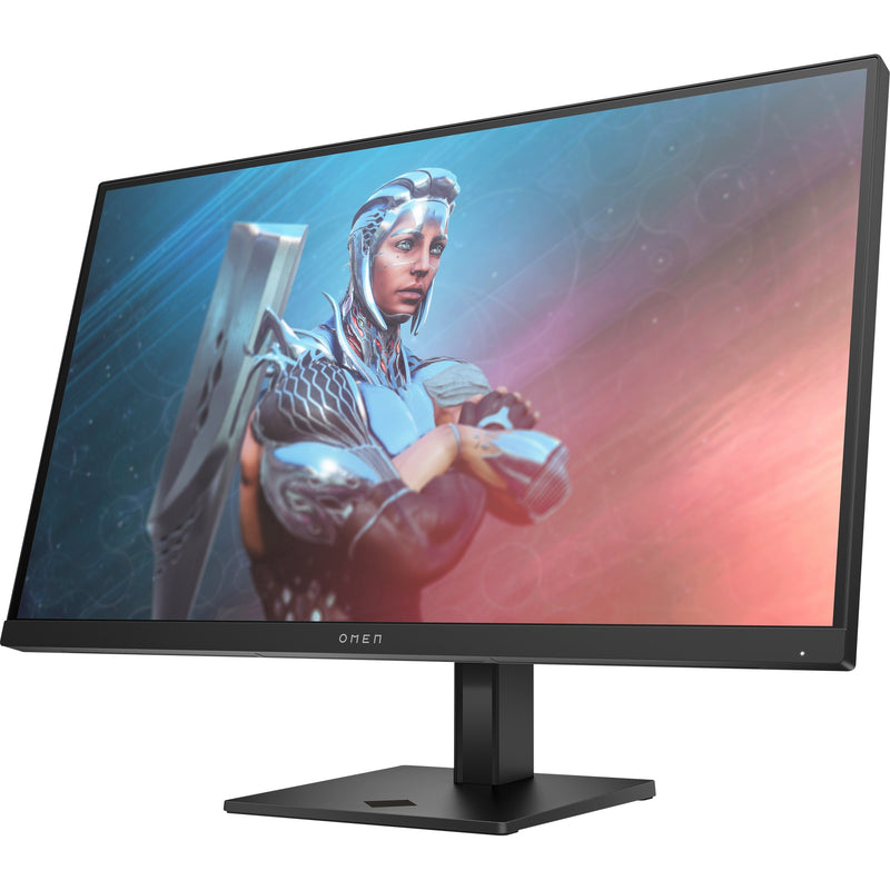 OMEN 27-inch gaming monitor displaying vibrant game character against blue and pink gradient background