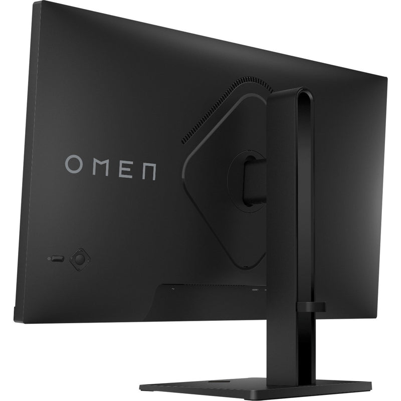 Rear angle view of OMEN 27-inch gaming monitor showing cable management system