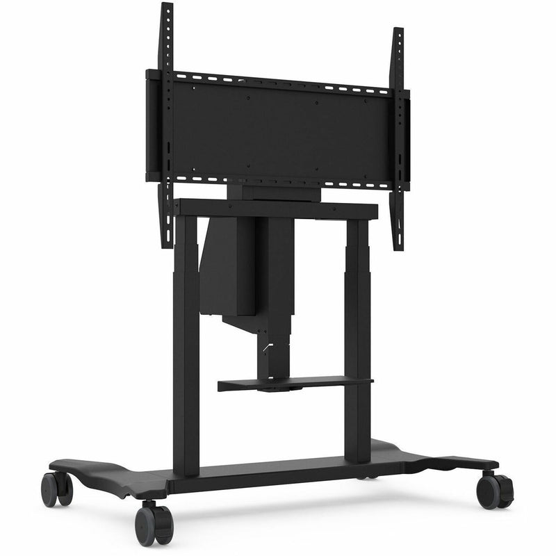 Front view of ViewSonic VB-STND-007 electric height adjustable display cart showing steel frame and wheel system