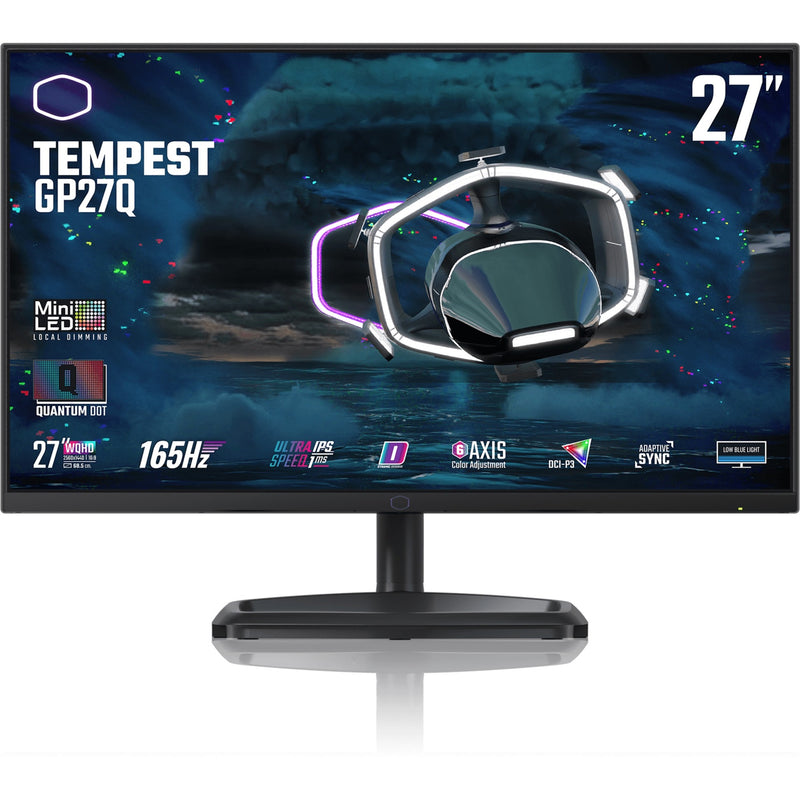 Front view of Cooler Master Tempest GP27Q gaming monitor with purple LED accents and key specifications