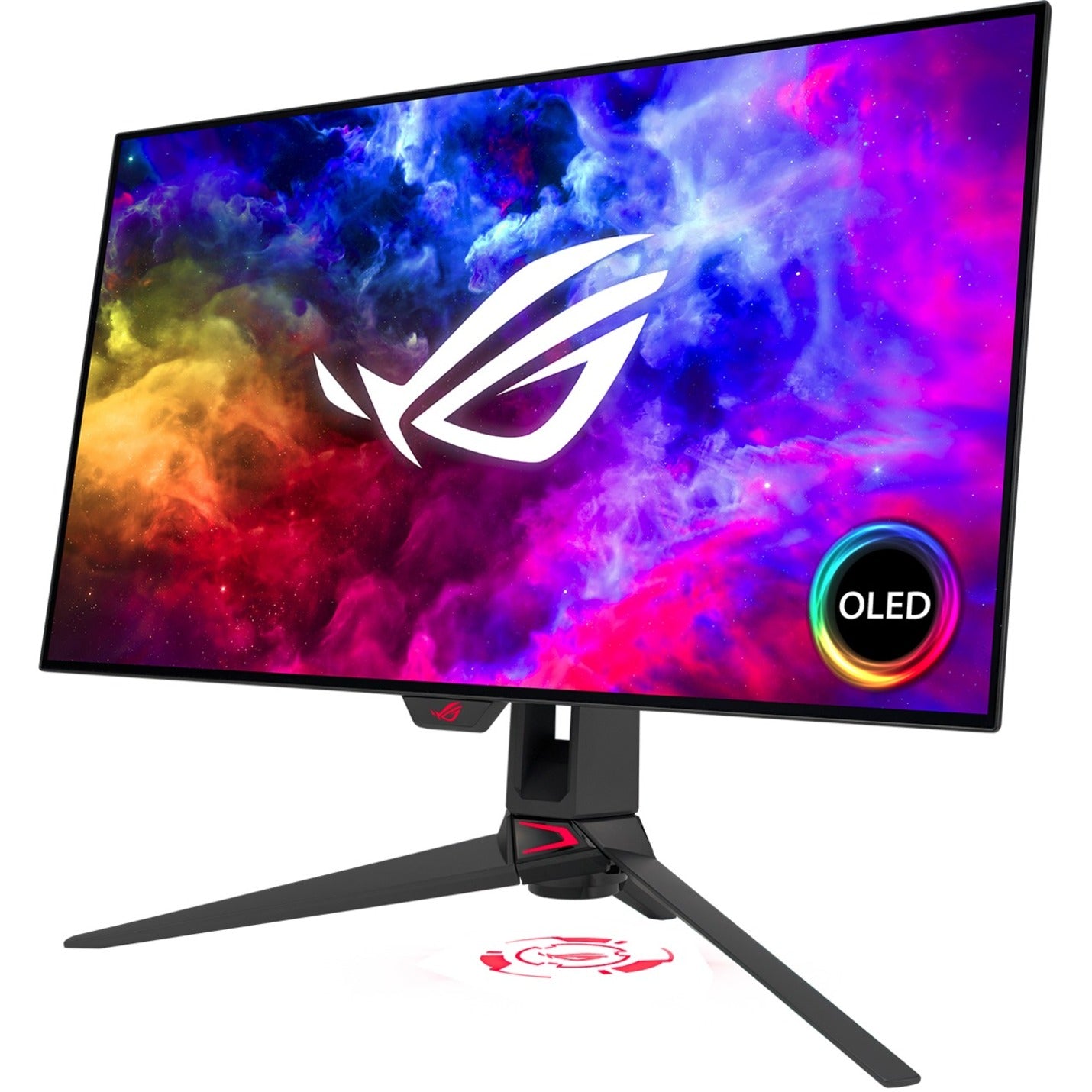 Front view of ASUS ROG Swift OLED gaming monitor displaying vibrant colorful background with ROG logo-alternate-image1