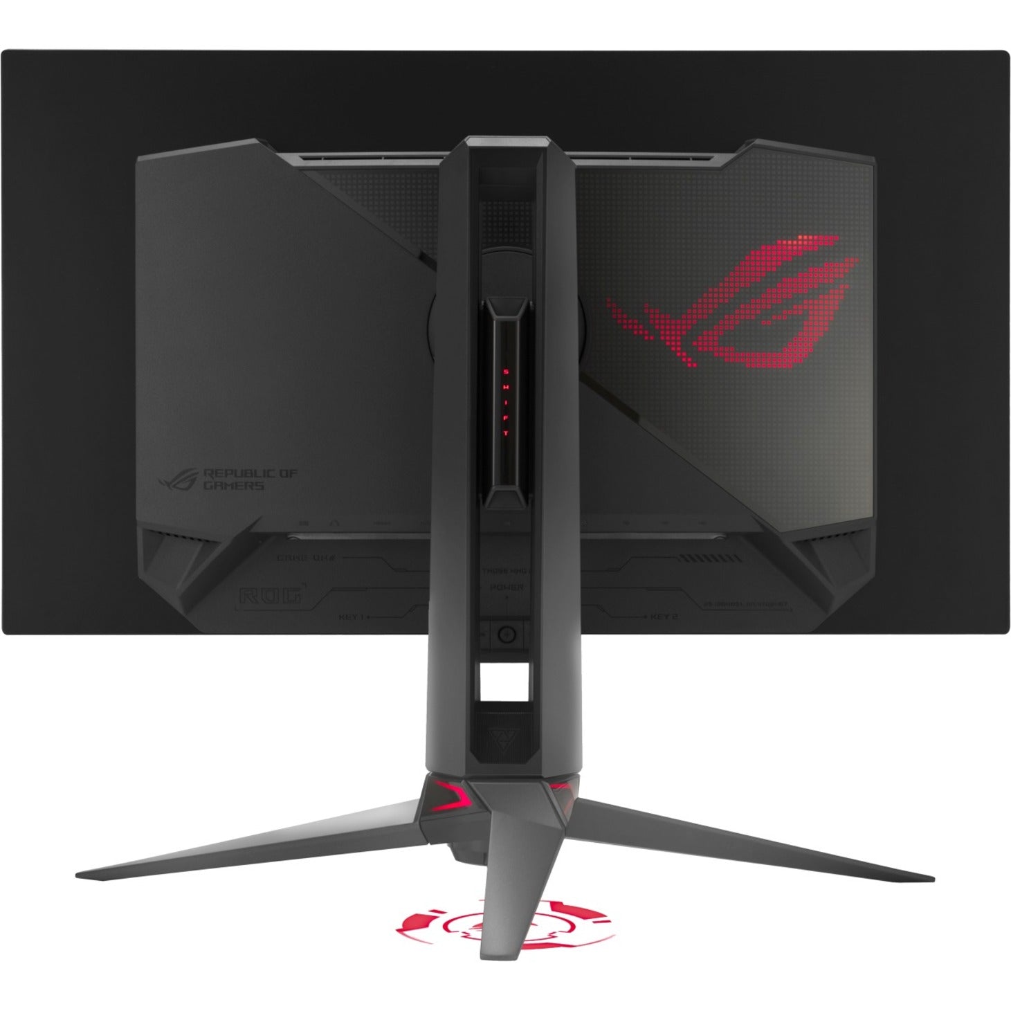 Rear view of ROG Swift OLED gaming monitor showing ROG design elements and connectivity ports-alternate-image5