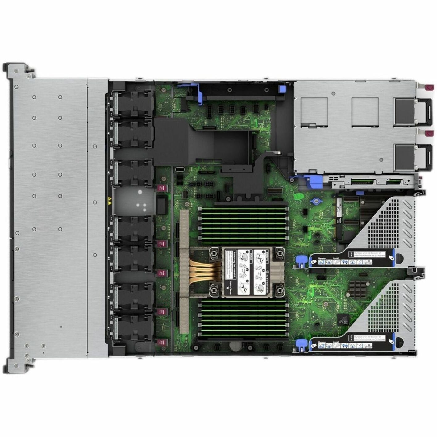 Top-down internal view of HPE ProLiant DL320 Gen11 showing motherboard, drive bays, and cooling system-alternate-image4