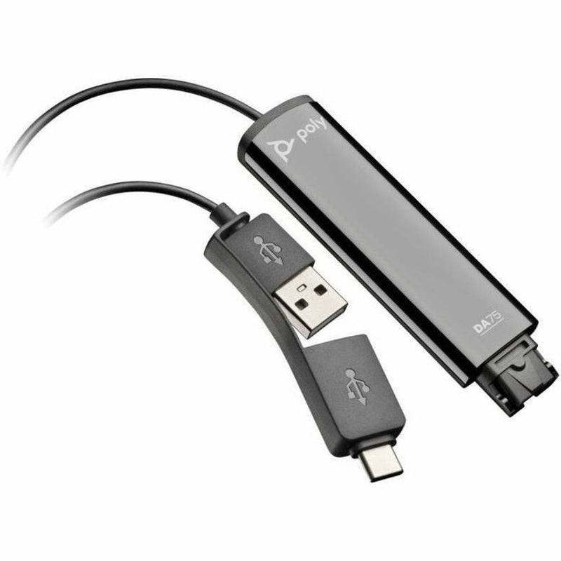 Poly DA75 USB to QD adapter showing dual USB-A and USB-C connections with sleek gray and black design