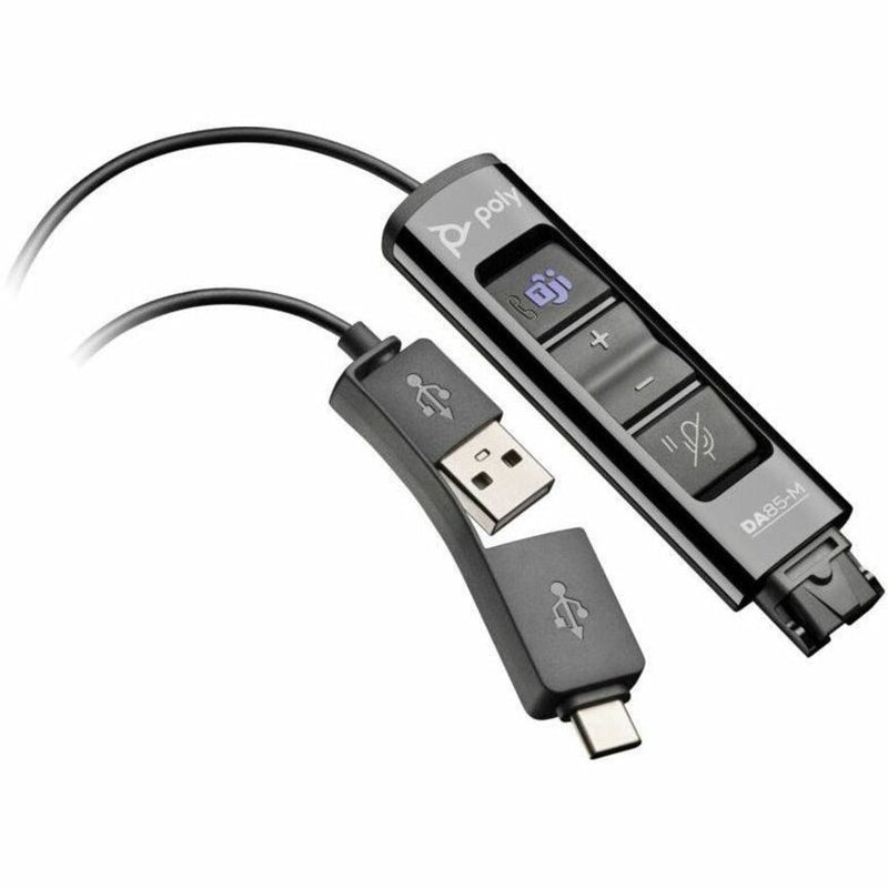 Poly DA85-M USB to QD adapter showing dual USB-A and USB-C connectors with inline control module featuring volume, mute, and call control buttons