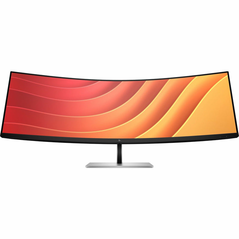 Front view of HP E45c G5 curved monitor displaying vibrant orange gradient pattern demonstrating screen quality and curvature