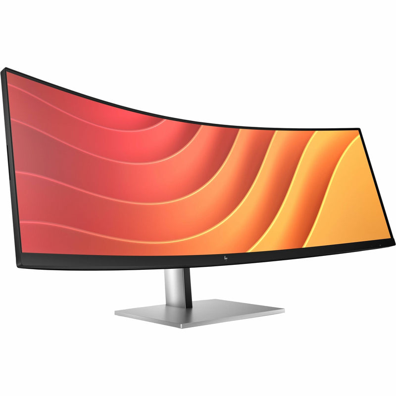 Side view of HP E45c G5 curved monitor showing sleek silver stand and ultra-wide curved display with vibrant orange gradient demo screen