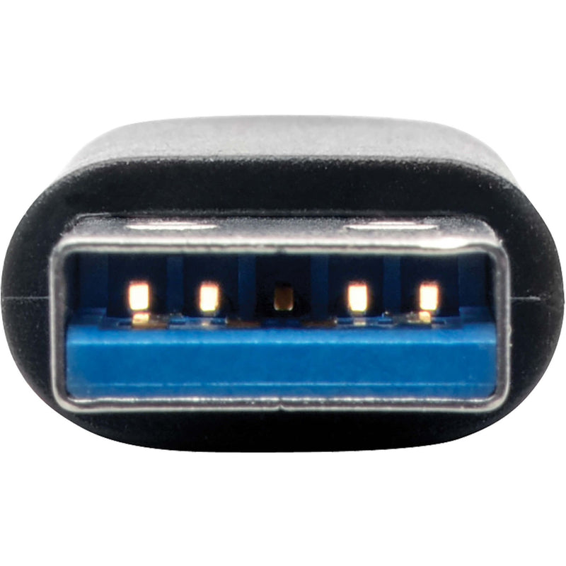 Macro shot of USB-A connector showing blue USB 3.2 interface and gold contacts