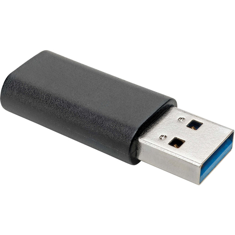 Black USB-C to USB-A adapter showing USB-A male connector end with blue internal component