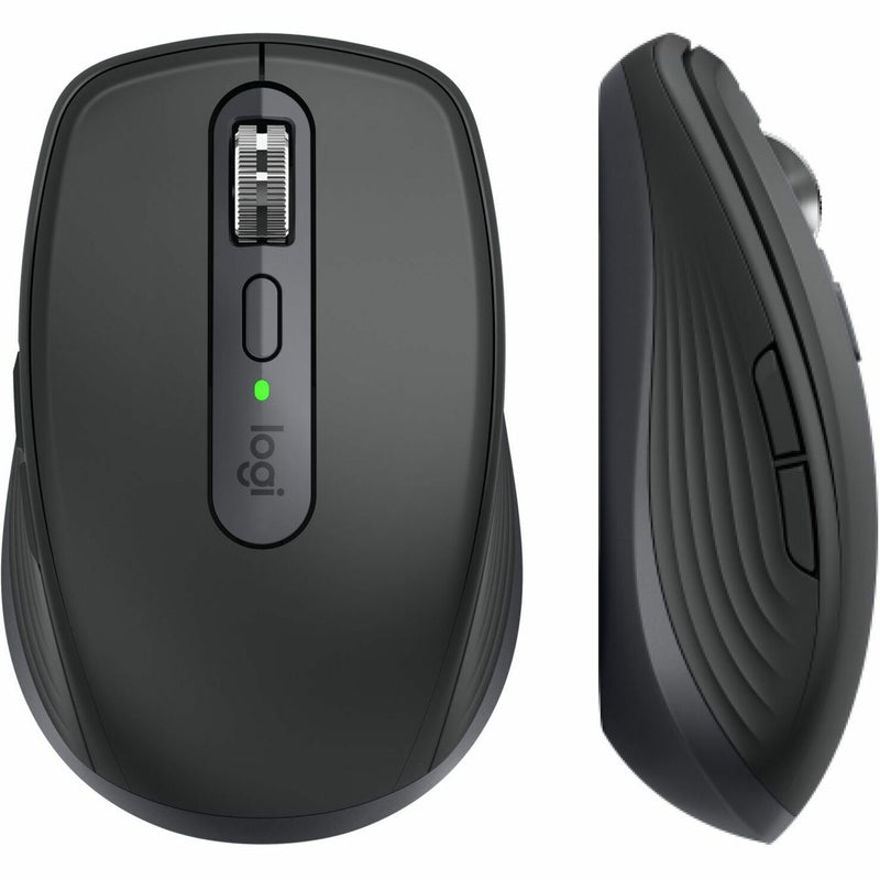 Top and side view of Logitech MX Anywhere 3S mouse showing design details