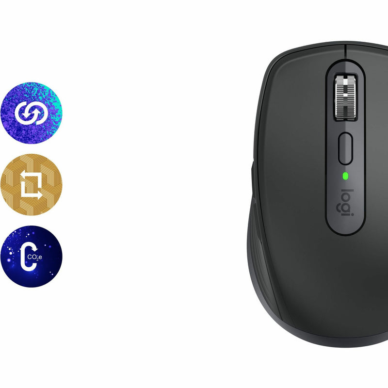 Logitech MX Anywhere 3S mouse with sustainability certification icons