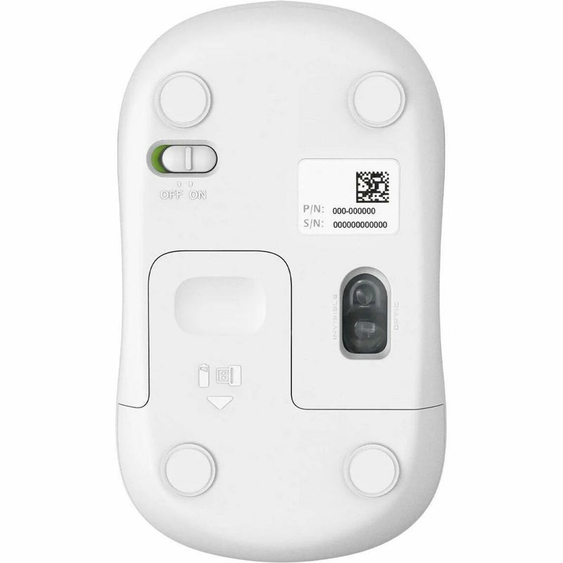 Bottom view of Logitech wireless mouse showing battery compartment and optical sensor