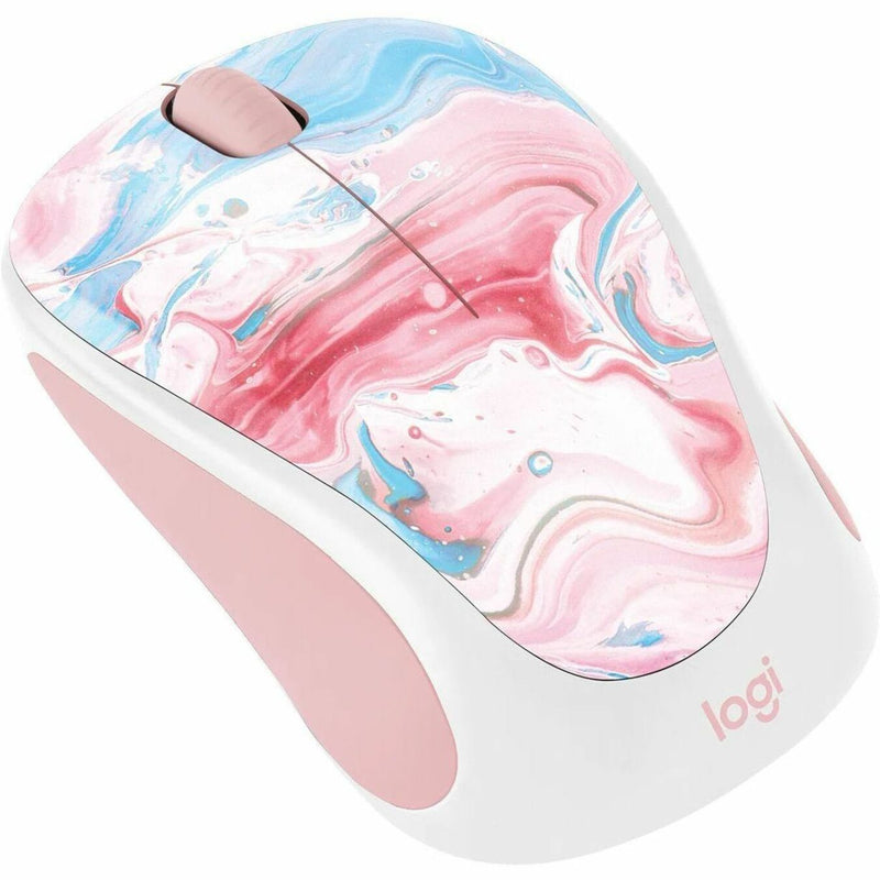 Logitech wireless mouse with cotton candy marble design pattern in pink and blue on white base, side view