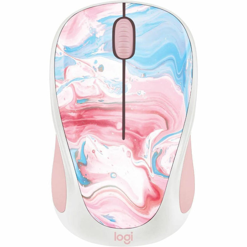 Top view of Logitech wireless mouse showing full cotton candy marble pattern design with scroll wheel