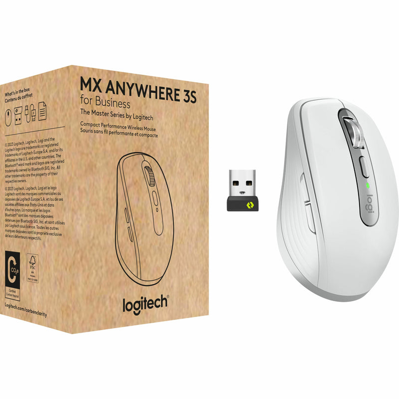 Product packaging and MX Anywhere 3S mouse with Logi Bolt receiver