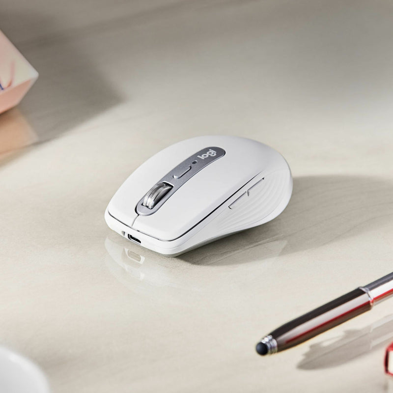 Side view of MX Anywhere 3S mouse on reflective surface