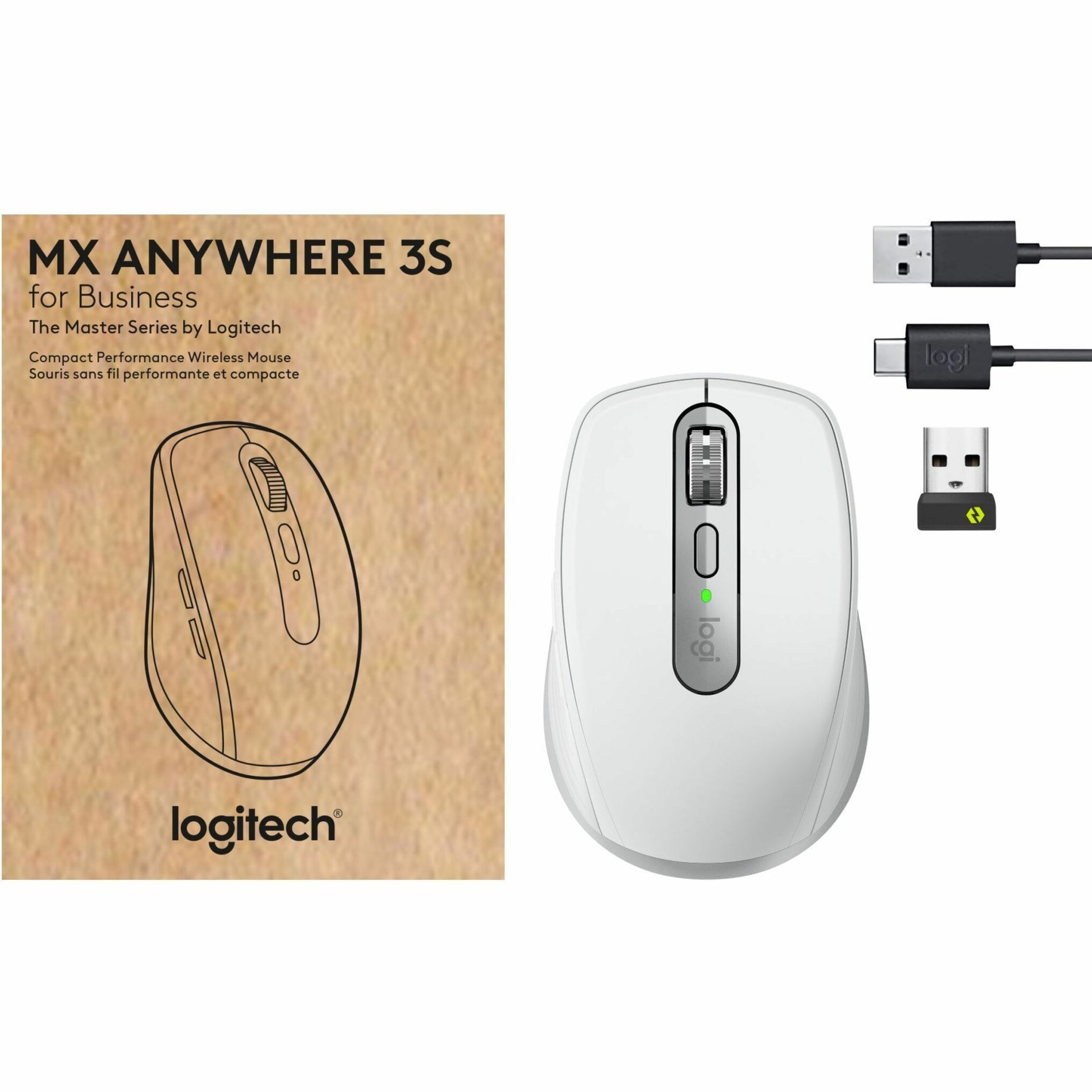 Logitech 910-006957 MX Anywhere 3S for Business - Wireless Mouse, Rechargeable, Bluetooth, 8000 dpi, Pale Gray