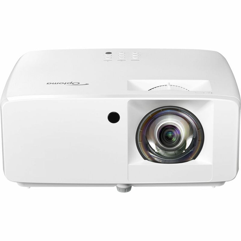 Angled view of Optoma ZW350ST projector highlighting compact design and ventilation system