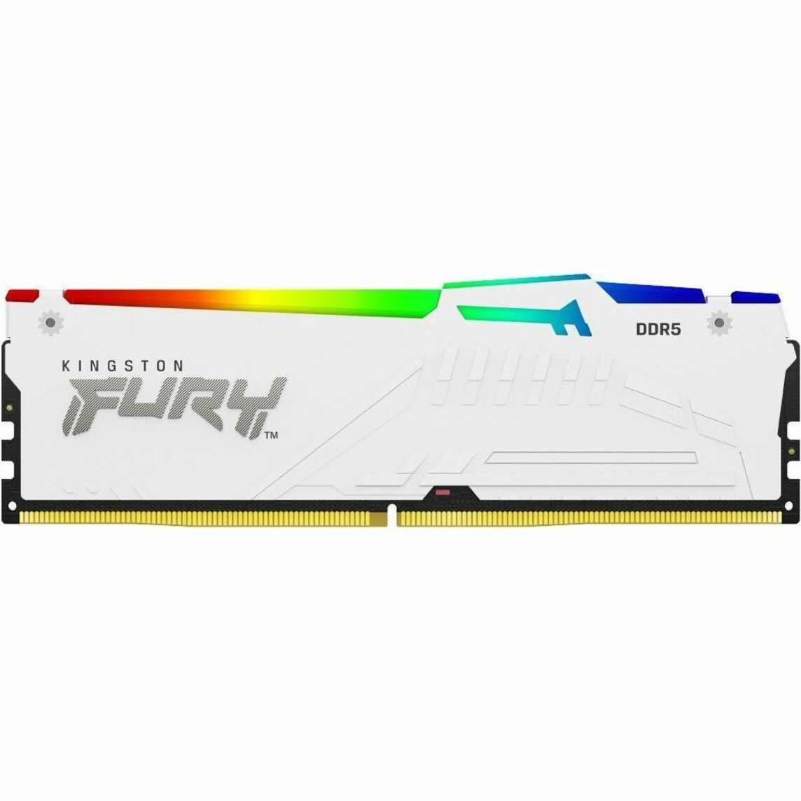 Kingston FURY Beast DDR5 RAM module in white with RGB light bar displaying rainbow colors across the top-alternate-image1