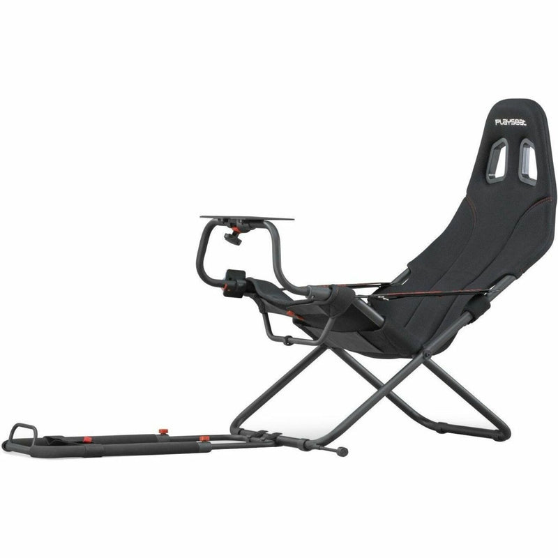 Playseat Challenge racing simulator shown in full side profile with steering wheel mount and pedal plate