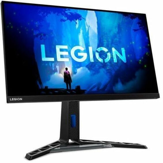 Front view of Lenovo Legion Y27f-30 gaming monitor displaying Legion logo on blue background with ergonomic stand-alternate-image1