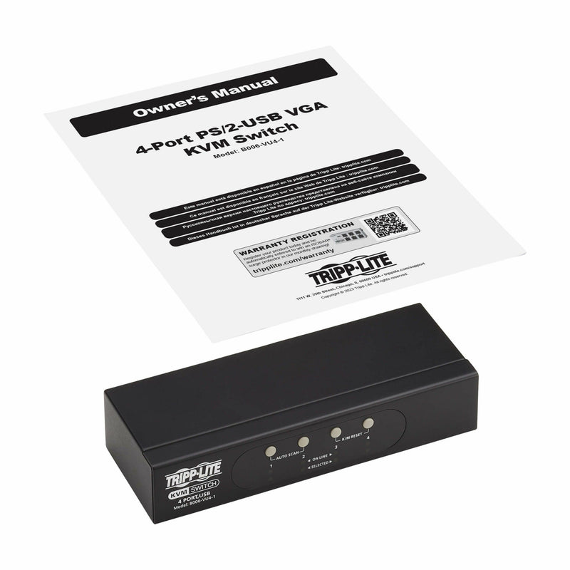 Tripp Lite KVM switch with owner's manual showing product documentation