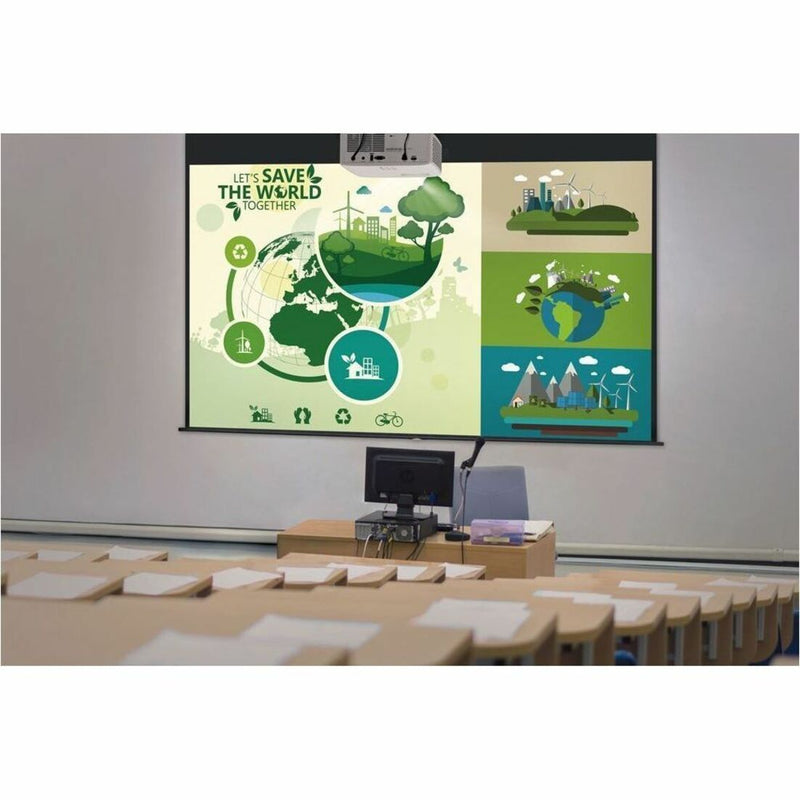 Classroom setup showing environmental presentation projected by Optoma ZH400